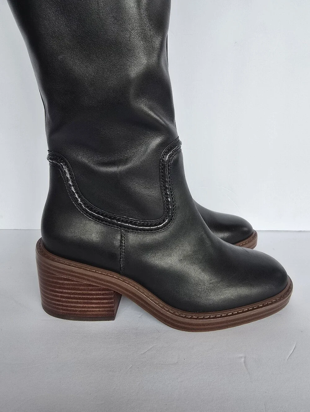 Vince Camuto Vuliann 6/36.5 EU Knee Leather Boots with Brown Stacked Heel & Sole